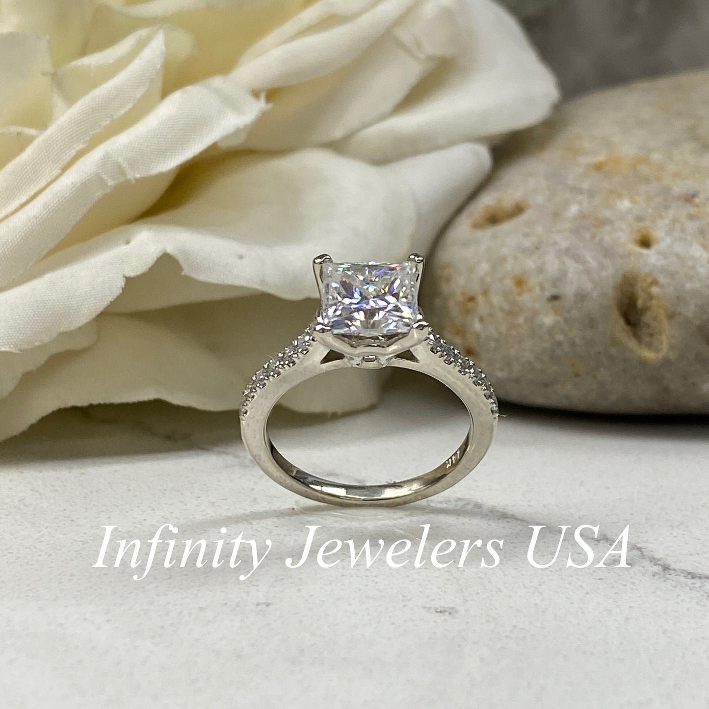 Moissanite Engagement Ring Princess Cut 14K Solid White Gold, Simple Moissanite Engagement Ring For Ladies Solitaire Princess Cut Ring, 7135