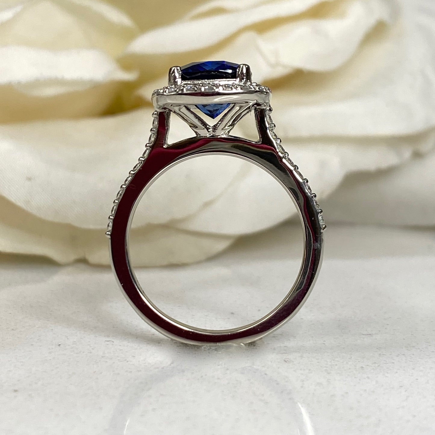 Elongated Cushion Blue Sapphire And Diamond Engagement Ring, Sapphire And Moissanite Wedding Ring, 14K Gold September Birthstone Ring #6813