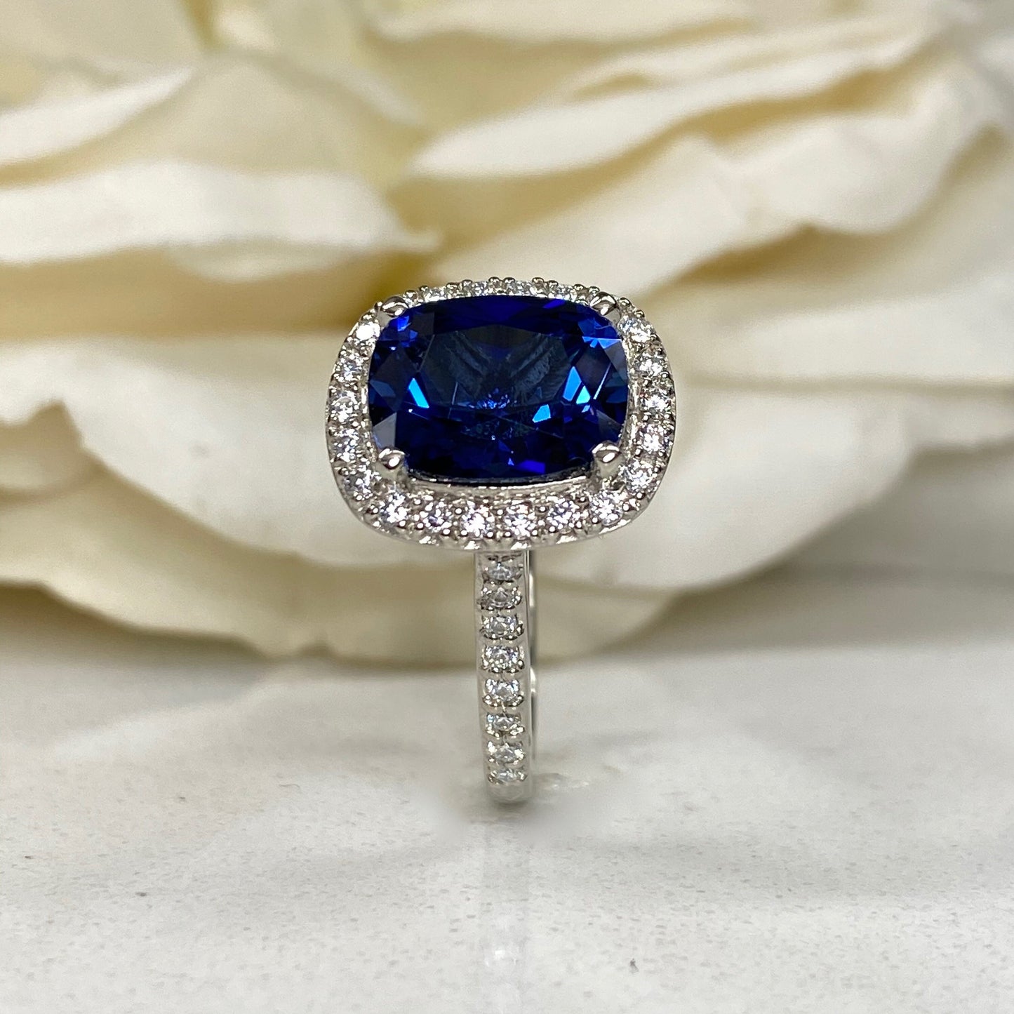 Elongated Cushion Blue Sapphire And Diamond Engagement Ring, Sapphire And Moissanite Wedding Ring, 14K Gold September Birthstone Ring #6813