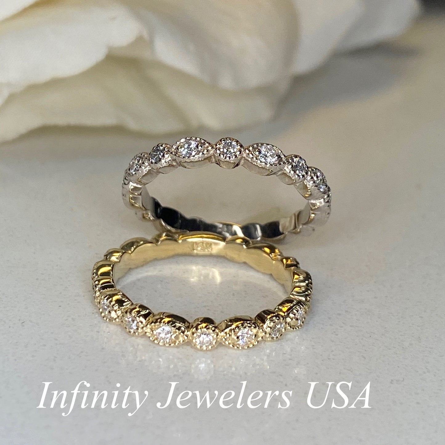 Diamond Vintage Eternity Wedding Band, 14k Yellow Gold Half Eternity Diamond Anniversary Band, Unique Ladies Stackable Diamond Ring    #5261