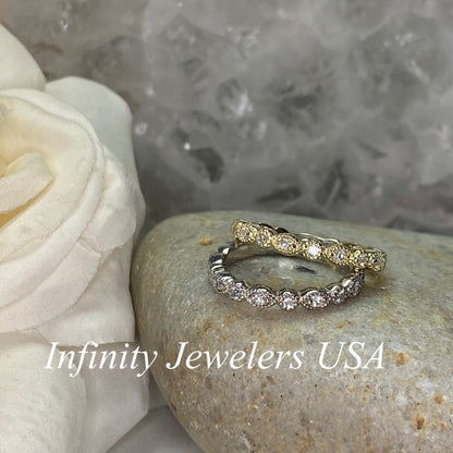 Diamond Vintage Eternity Wedding Band, 14k Yellow Gold Half Eternity Diamond Anniversary Band, Unique Ladies Stackable Diamond Ring    #5261