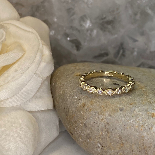 Diamond Vintage Eternity Wedding Band, 14k Yellow Gold Half Eternity Diamond Anniversary Band, Unique Ladies Stackable Diamond Ring    #5261