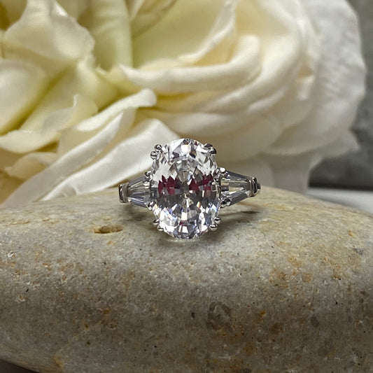 Oval Cut Three Stone Moissanite Engagement Ring, 14k Gold Oval And Trapezoid Moissanite Wedding Ring, Large Oval Cut Statement Ring   #7139