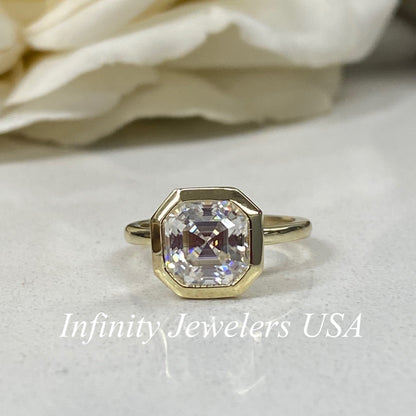 Moissanite Asscher Cut Solitaire Engagement Ring, Asscher Moissanite Bezel Set Wedding Ring, 14k Yellow Gold Solitaire Moissanite Ring #5429