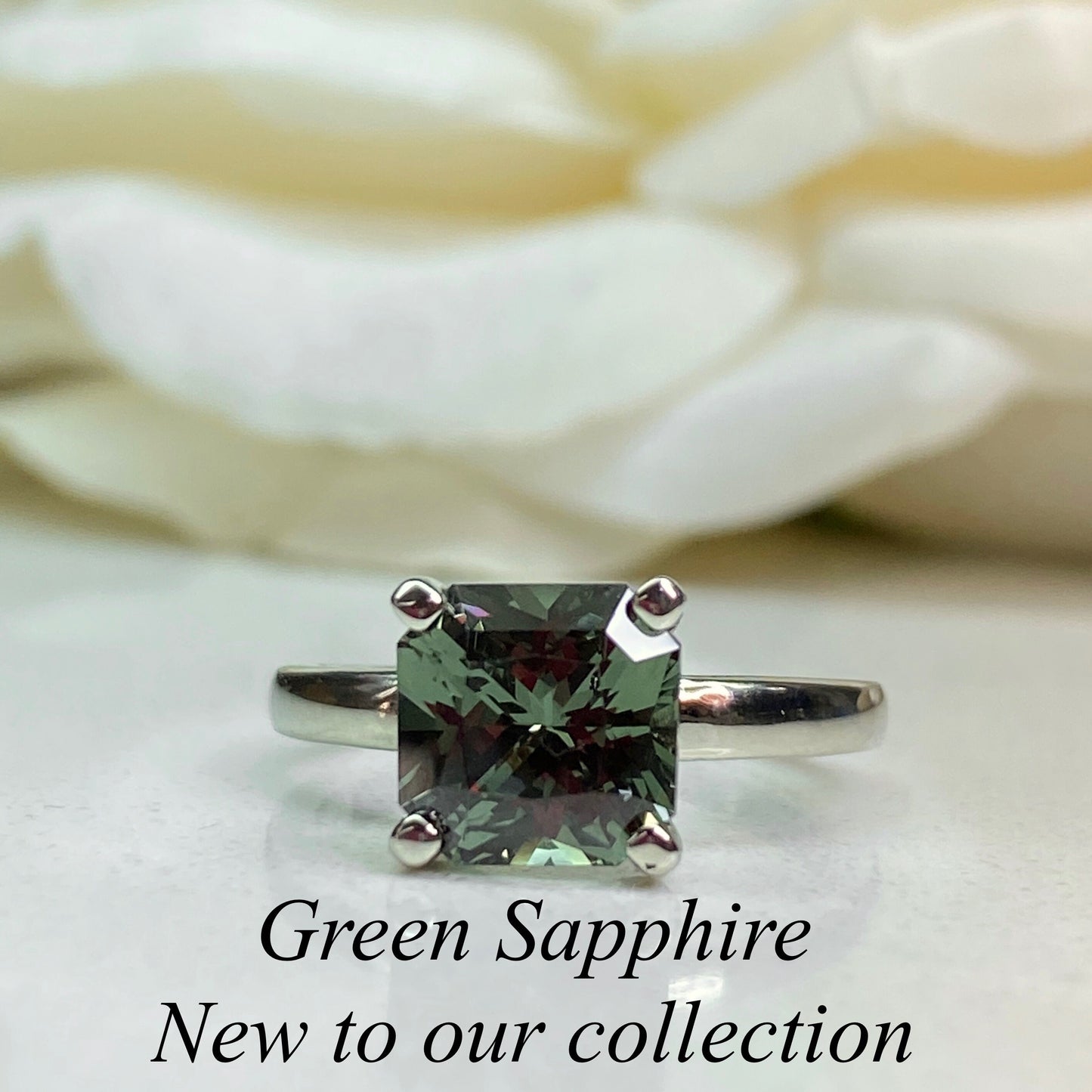 Green Sapphire Engagement Ring Radiant Cut, 14k Gold Sapphire Radiant Cut Wedding Ring, September Birthstone Unique Green Sapphire Ring 7161