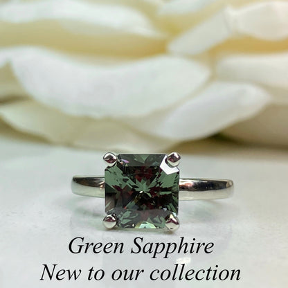 Green Sapphire Engagement Ring Radiant Cut, 14k Gold Sapphire Radiant Cut Wedding Ring, September Birthstone Unique Green Sapphire Ring 7161