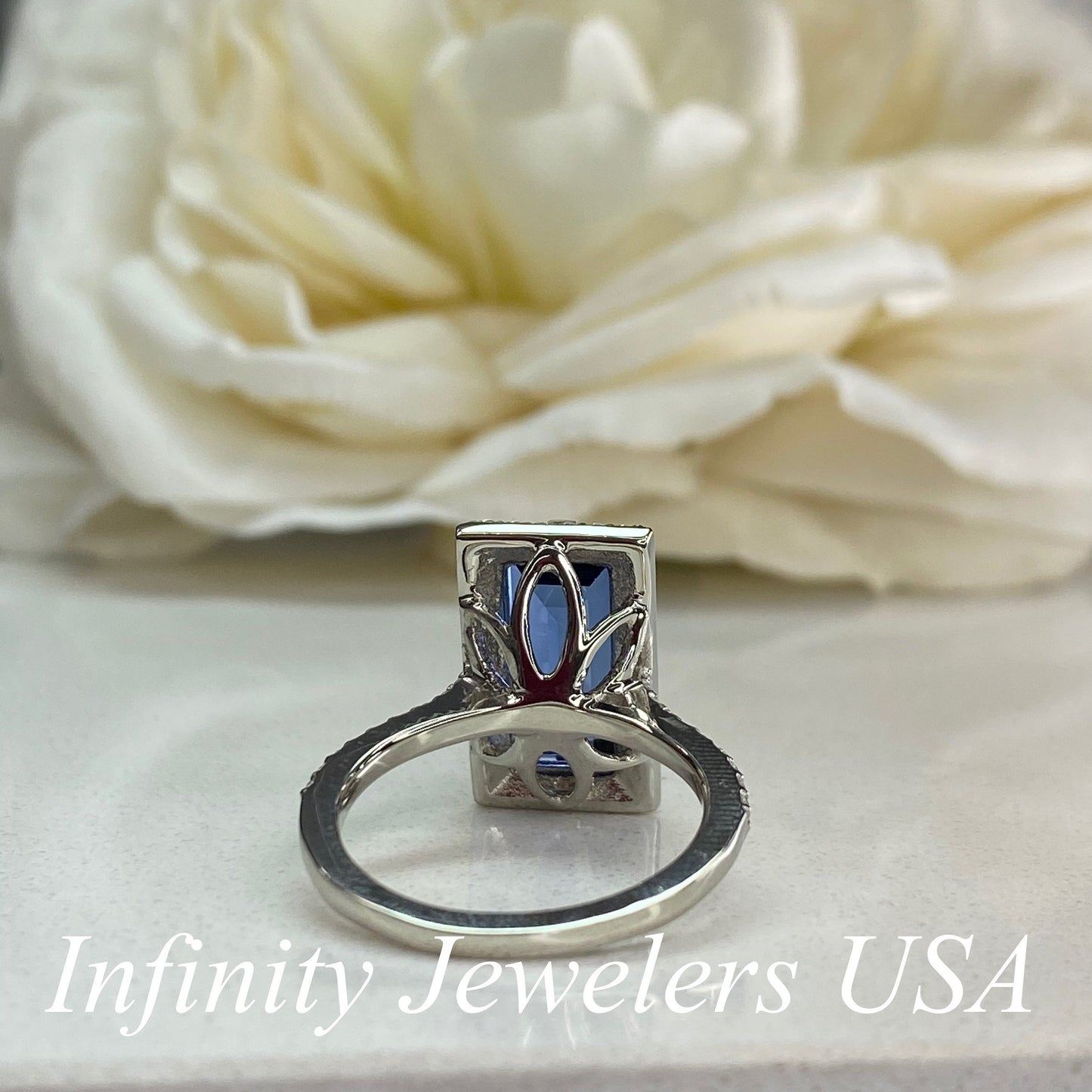 Blue Sapphire Elongated Baguette Moissanite Halo Engagement Ring, Blue Sapphire And Moissanite Wedding Ring, 14k Gold Sapphire Ring    #6315