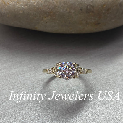 Round Moissanite Engagement Ring, 14k White Gold Round And Marquise Moissanite Wedding Ring, Round Cluster Moissanite Ring For Ladies  #7146
