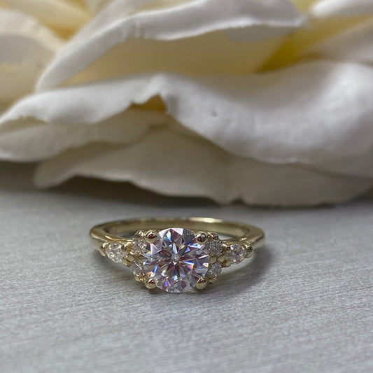 Round Moissanite Engagement Ring, 14k White Gold Round And Marquise Moissanite Wedding Ring, Round Cluster Moissanite Ring For Ladies  #7146