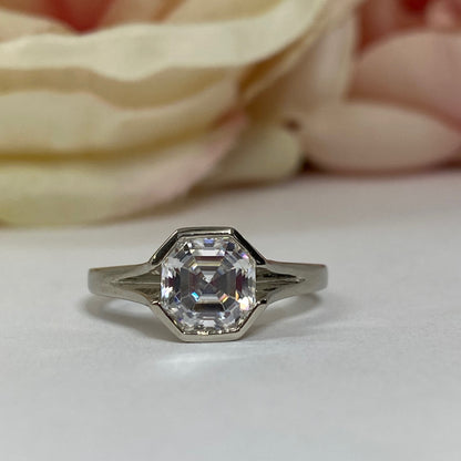 Moissanite Engagement Ring 14k Solid Gold Ring For Women, #7169 Bezel Set Unique Moissanite Asscher Engagement Rings, Asscher Cut Moissanite