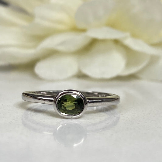 Oval Green Sapphire Ring For Women 14k Solid White Gold, Bezel Set Sapphire Minimalist Ring, Thin Unique Green Sapphire Stacking Ring, #5842