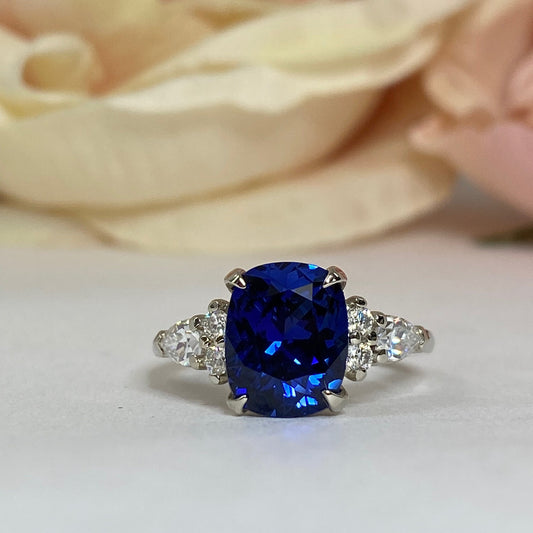 Blue Sapphire Ring For Women 14K Solid White Gold Cushion. Cut, Vintage Unique rings #7176 Elongated Cushion Cut  Sapphire Engagement Rings
