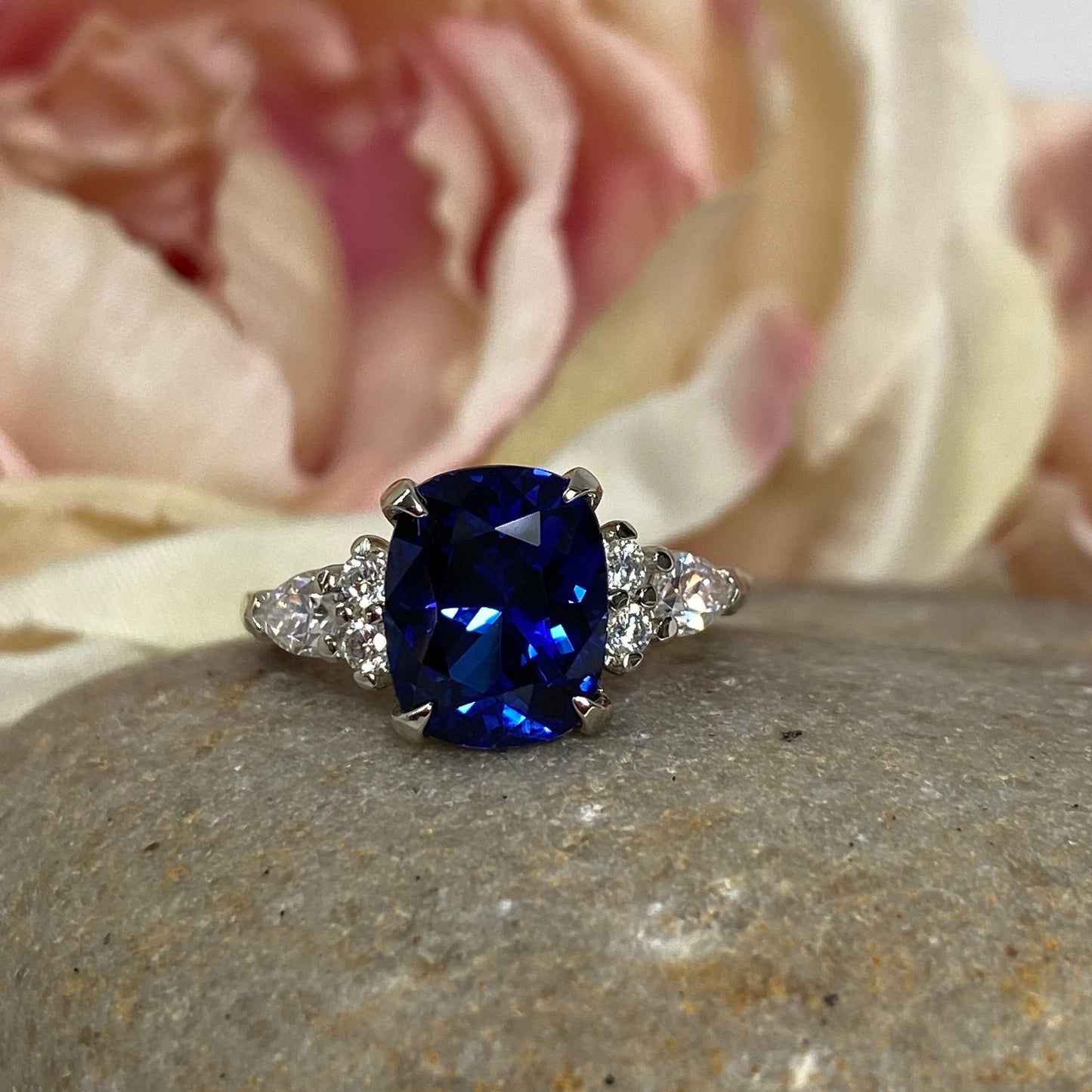 Blue Sapphire Ring For Women 14K Solid White Gold Cushion. Cut, Vintage Unique rings #7176 Elongated Cushion Cut  Sapphire Engagement Rings