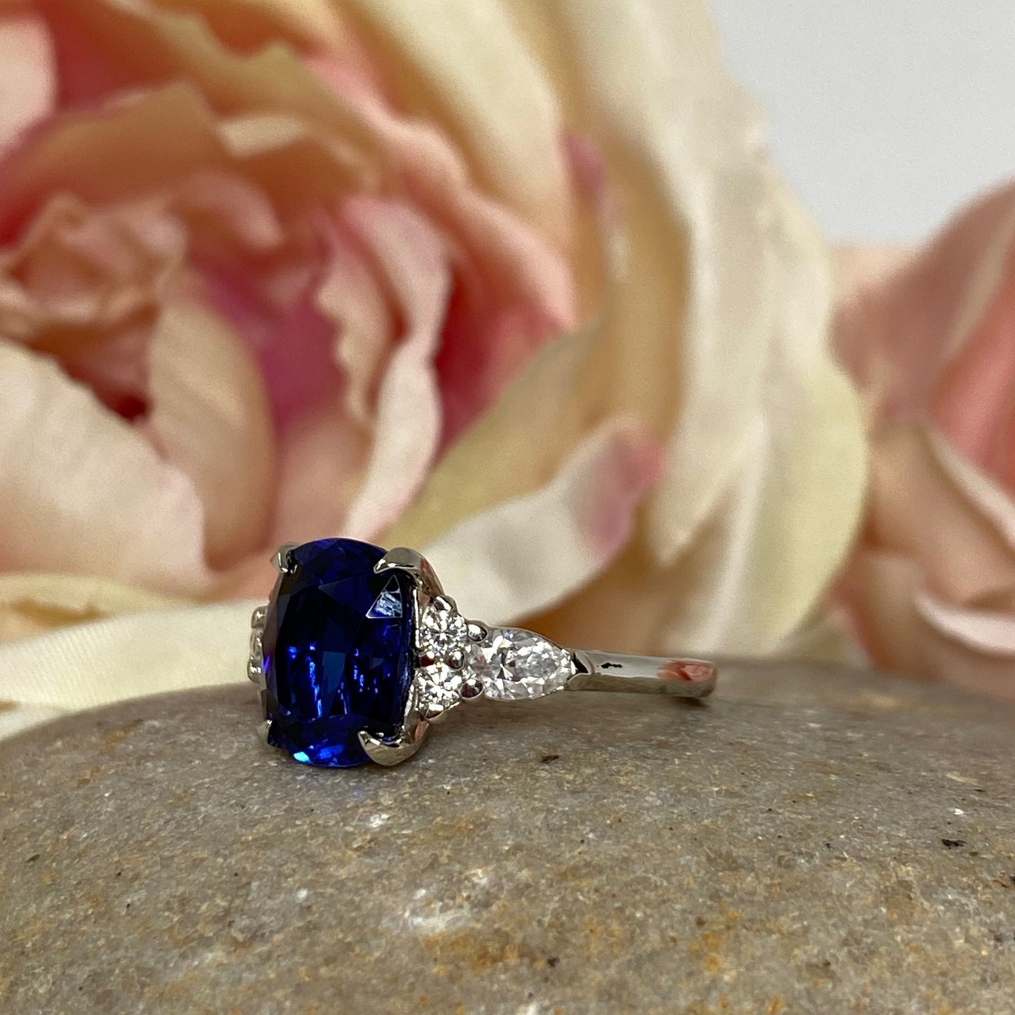 Blue Sapphire Ring For Women 14K Solid White Gold Cushion. Cut, Vintage Unique rings #7176 Elongated Cushion Cut  Sapphire Engagement Rings