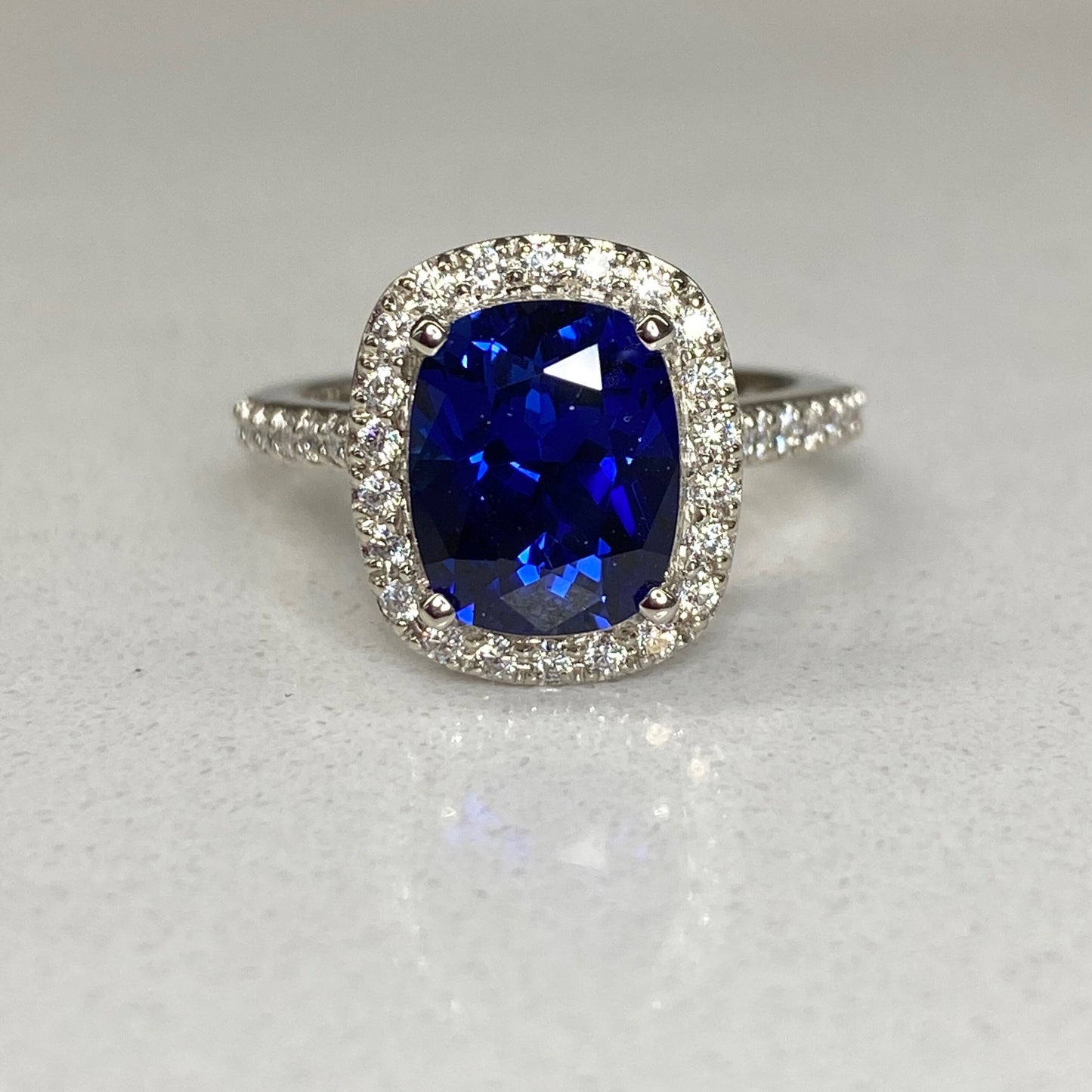 Elongated Cushion Blue Sapphire And Diamond Engagement Ring, Sapphire And Moissanite Wedding Ring, 14K Gold September Birthstone Ring #6813