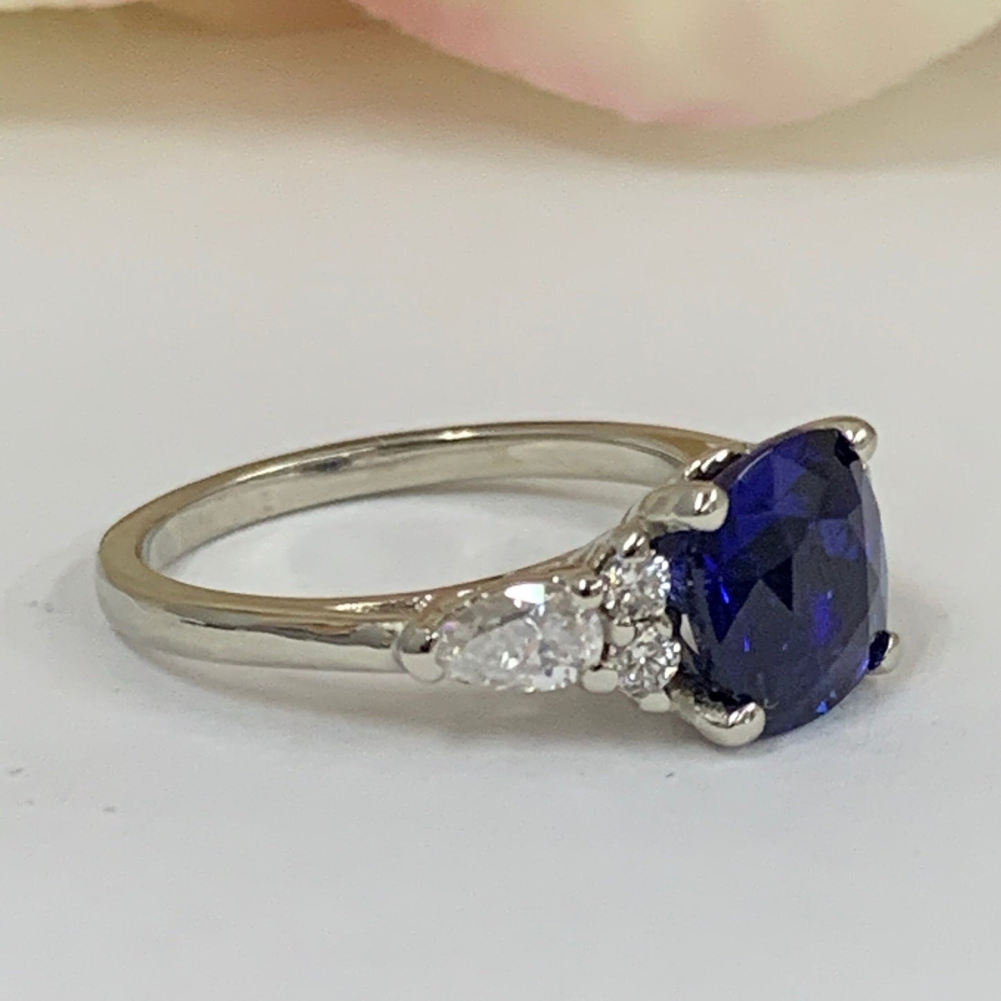 Cushion Cut Blue Sapphire Engagement Ring 14K White Gold, Blue Sapphire Ring For Women Solid White Gold, Sapphire and Moissanite Ring, #7157