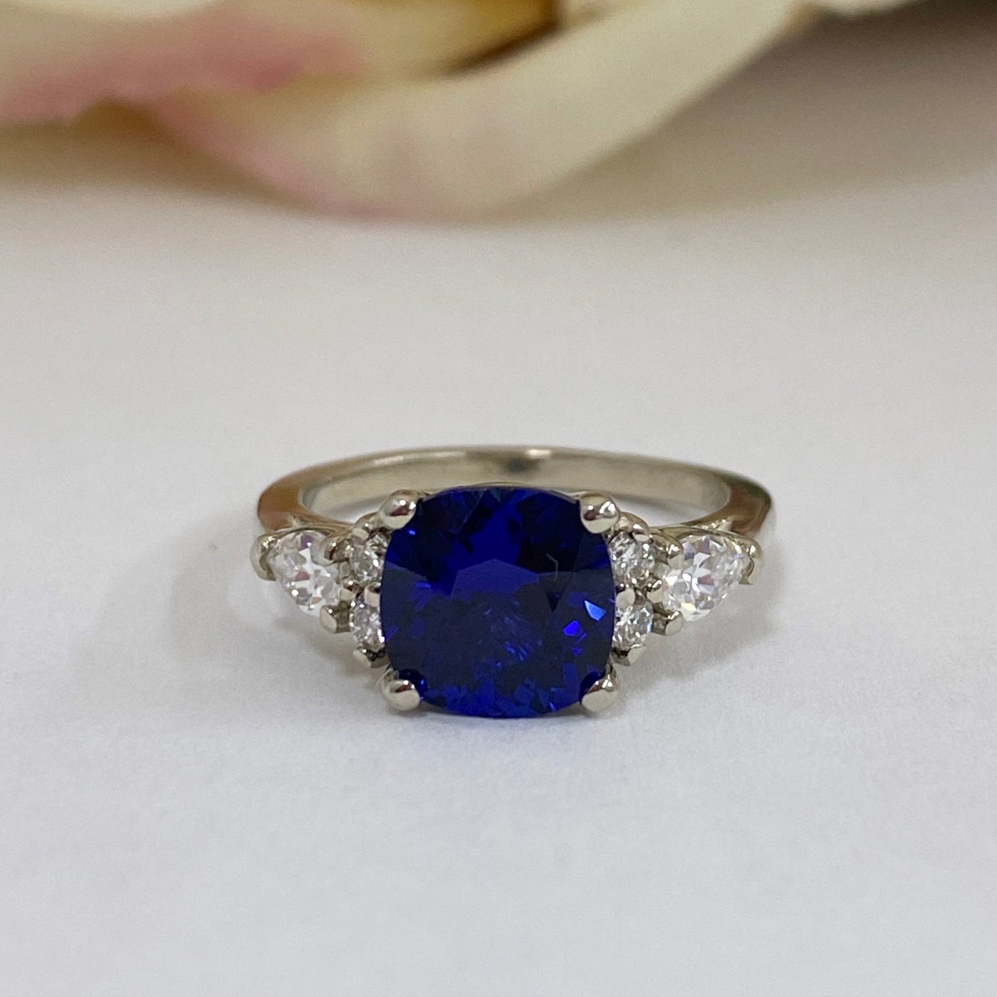 Cushion Cut Blue Sapphire Engagement Ring 14K White Gold, Blue Sapphire Ring For Women Solid White Gold, Sapphire and Moissanite Ring, #7157