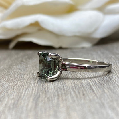 Green Sapphire Engagement Ring Radiant Cut, 14k Gold Sapphire Radiant Cut Wedding Ring, September Birthstone Unique Green Sapphire Ring 7161