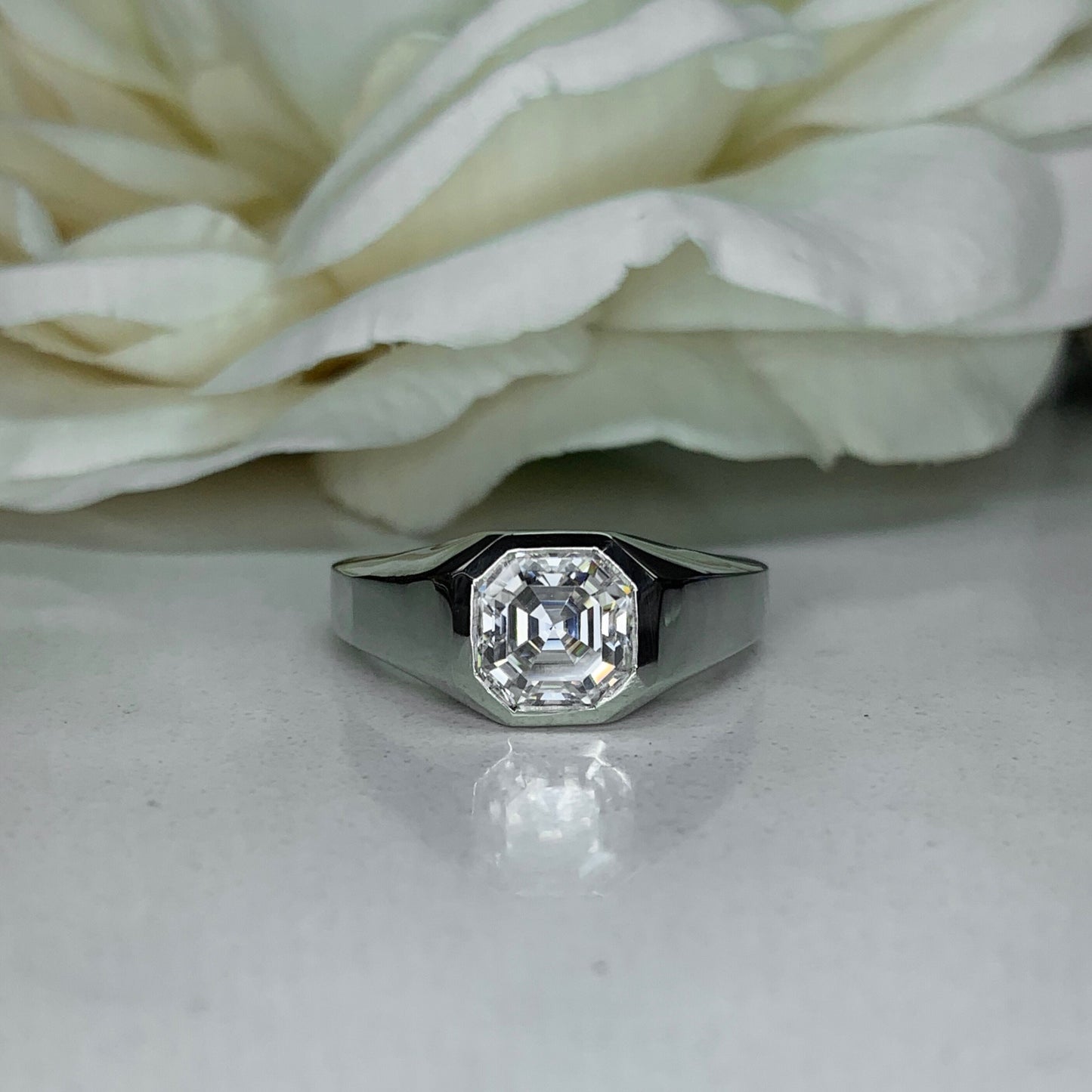 Men's Moissanite Wedding Band 14k Solid Gold Ring,  #7166 Men's Moissanite Asscher  Bezel Ring,  Men's Moissanite Solitaire Engagement Ring