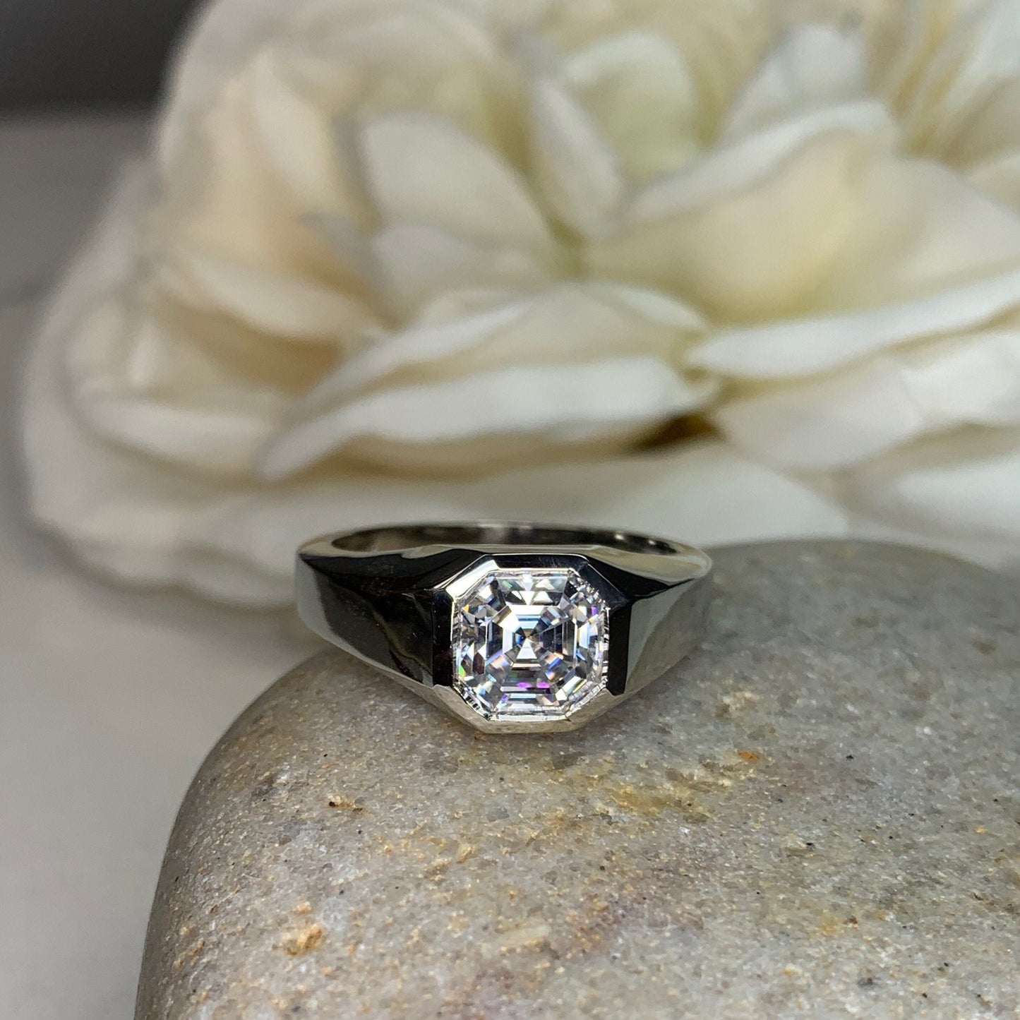 Men's Moissanite Wedding Band 14k Solid Gold Ring,  #7166 Men's Moissanite Asscher  Bezel Ring,  Men's Moissanite Solitaire Engagement Ring