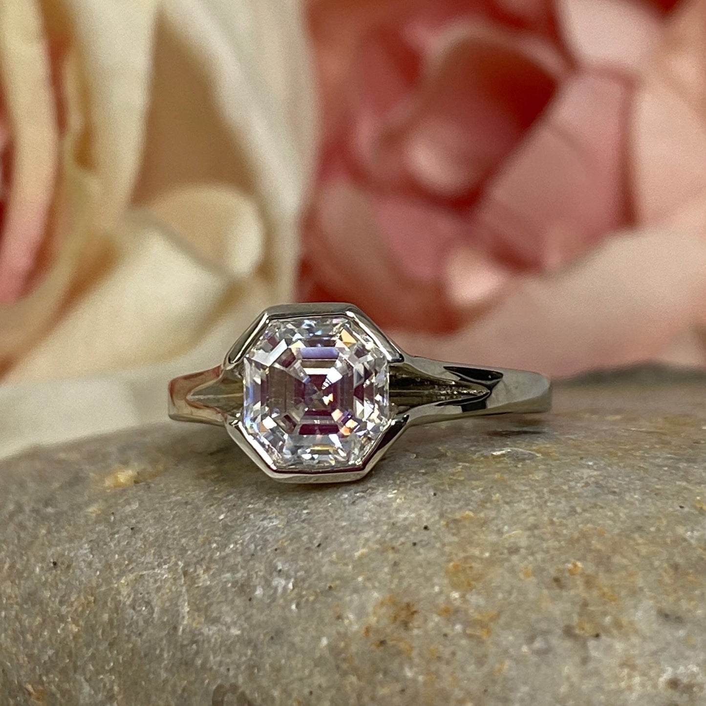 Moissanite Engagement Ring 14k Solid Gold Ring For Women, #7169 Bezel Set Unique Moissanite Asscher Engagement Rings, Asscher Cut Moissanite