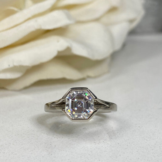 Moissanite Engagement Ring 14k Solid Gold Ring For Women, #7169 Bezel Set Unique Moissanite Asscher Engagement Rings, Asscher Cut Moissanite