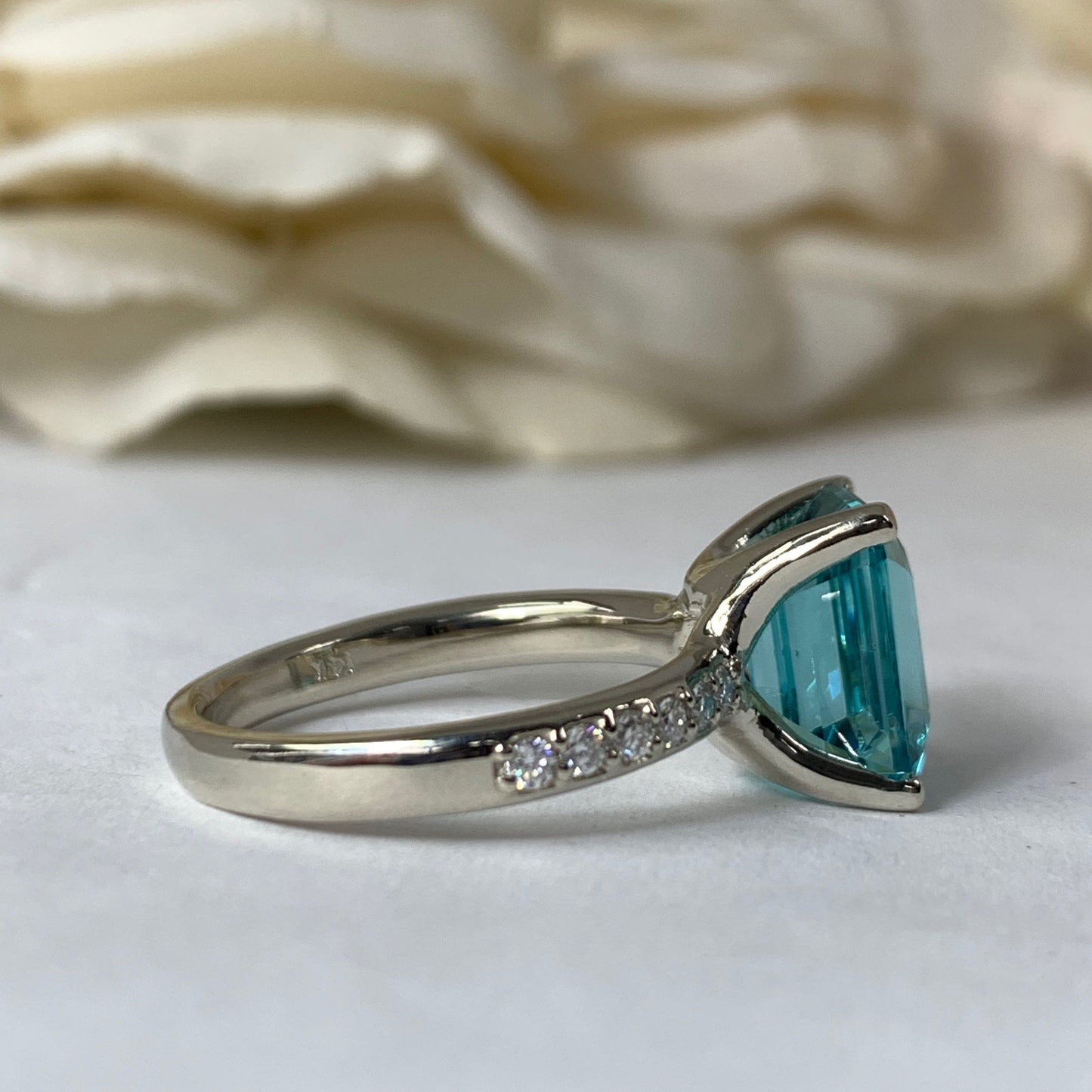 Emerald Cut Engagement Ring / Neon Blue Paraiba Wedding Ring / Paraiba and Moissanite Ring / 14k White Gold / #6268