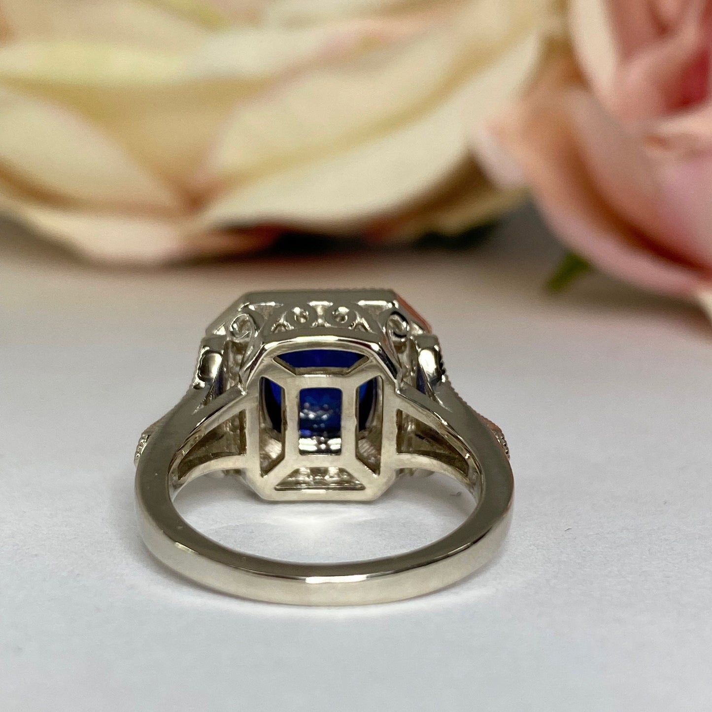Cushion Cut Blue Sapphire Engagement Ring Women 14K White Gold, Vintage Unique Moissanite Engagement Rings, Edwardian Moissanite Ring  #7182