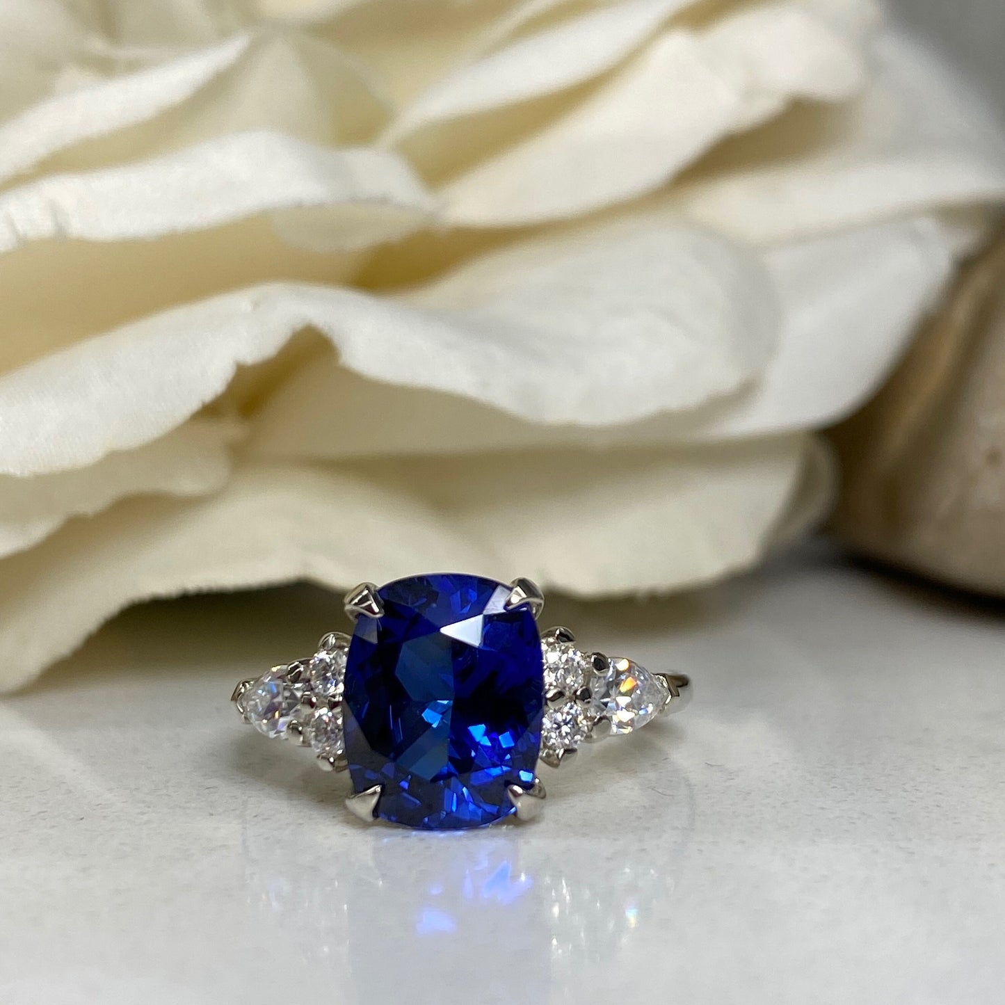 Blue Sapphire Ring For Women 14K Solid White Gold Cushion. Cut, Vintage Unique rings #7176 Elongated Cushion Cut  Sapphire Engagement Rings
