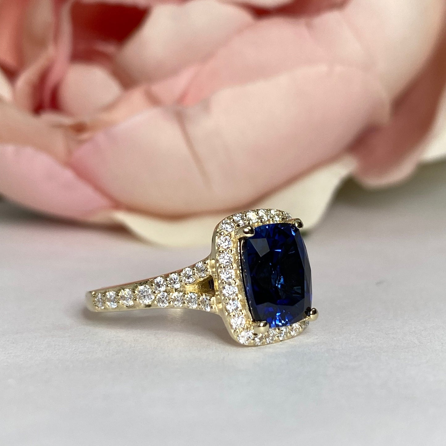 Elongated Cushion Blue Sapphire Engagement Ring With Diamond Halo, Moissanite Split Shank Band Setting In 14K White Gold # 6957 #5479