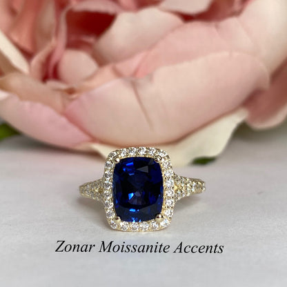Elongated Cushion Blue Sapphire Engagement Ring With Diamond Halo, Moissanite Split Shank Band Setting In 14K White Gold # 6957 #5479