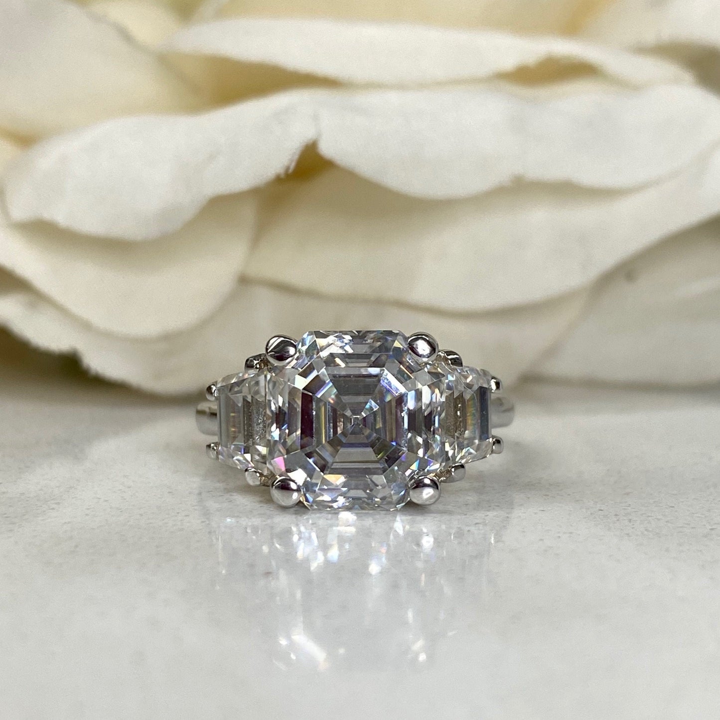 Moissanite Engagement Rings Asscher Cut Three Stone  14K Solid Gold Ring For Women, #7010 Vintage Unique Engagement Ring Bridal Promise Ring