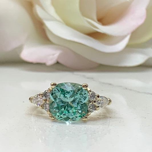 Cushion Cut Engagement Ring For Women 14K Yellow Gold, Green Paraiba Tourmaline Engagement Rings, Unique Vintage Three Stone Rings, #7188