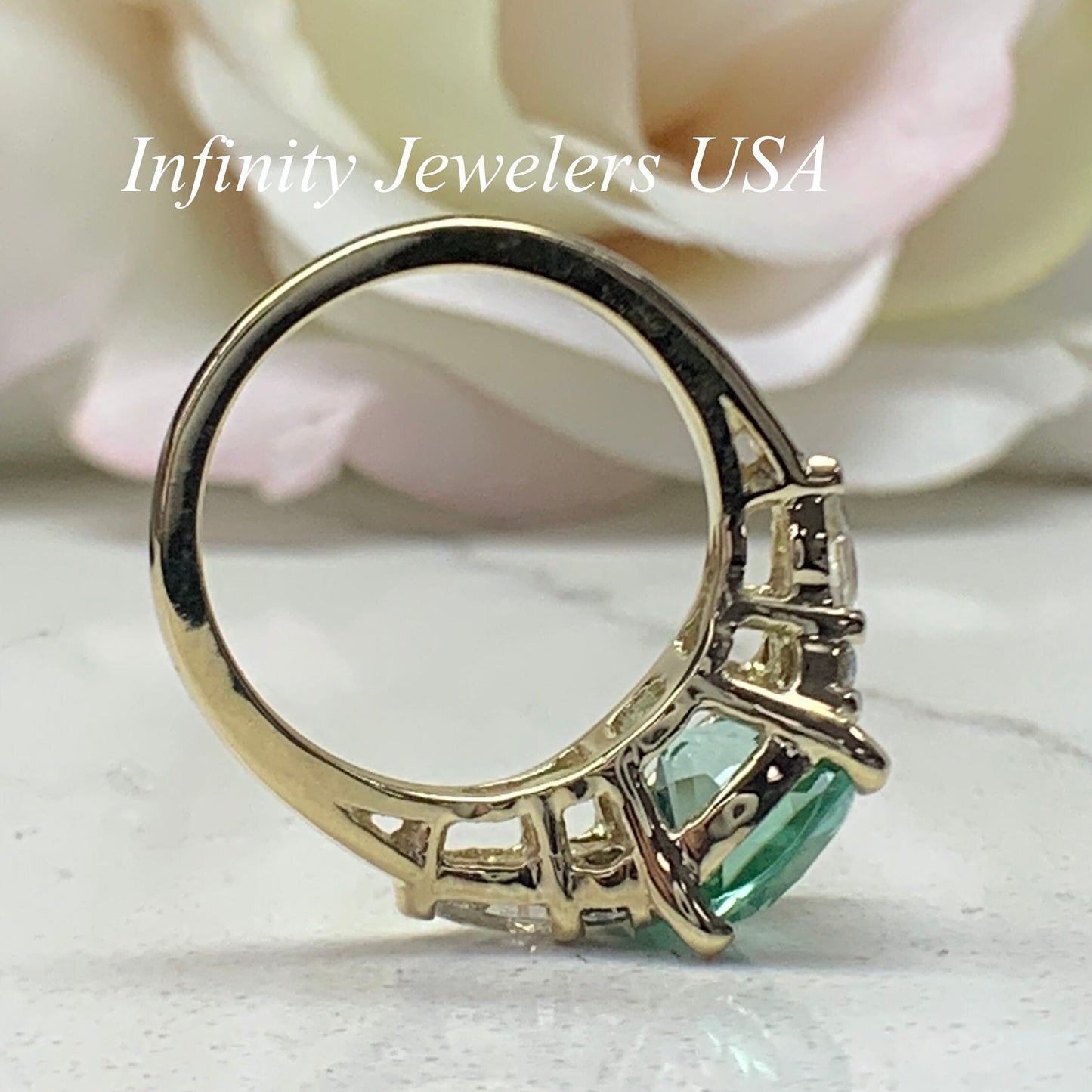 Cushion Cut Engagement Ring For Women 14K Yellow Gold, Green Paraiba Tourmaline Engagement Rings, Unique Vintage Three Stone Rings, #7188
