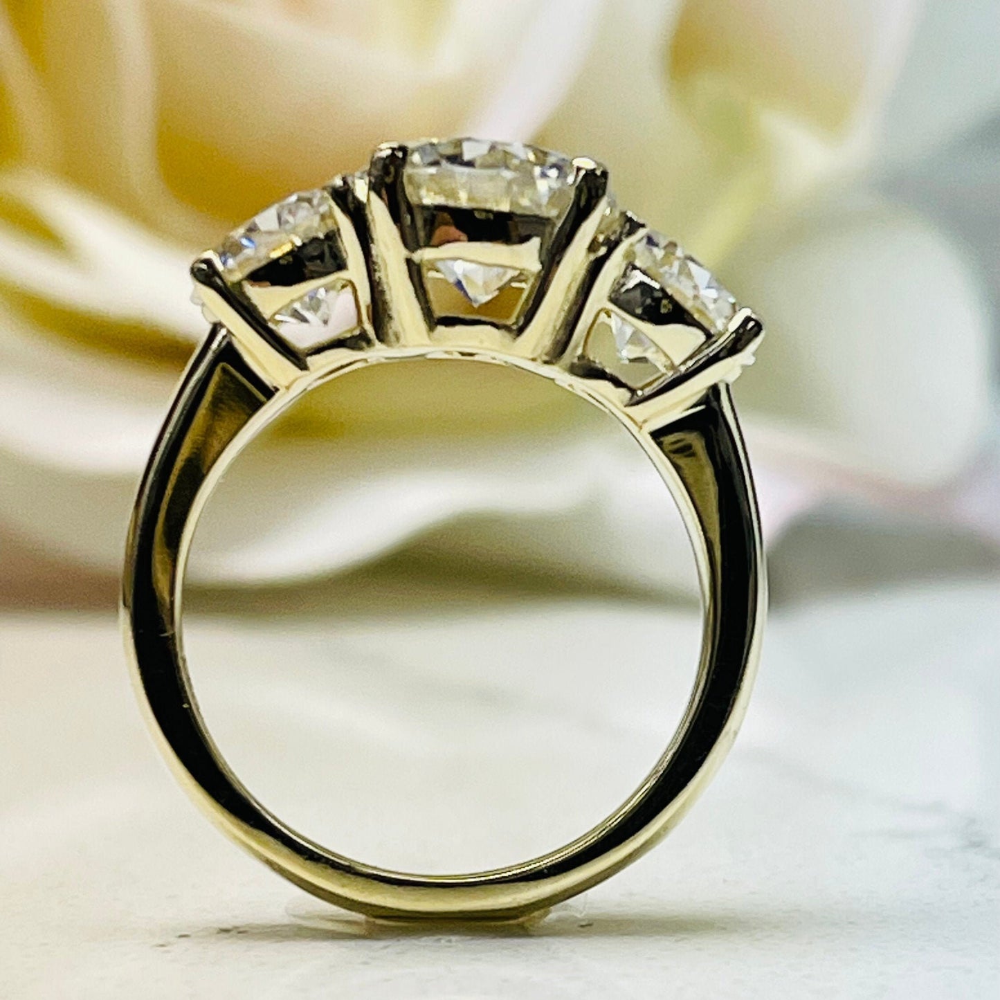 Round Moissanite Engagement Rings For Women 14k Solid Yellow Gold, Moissanite Bridal Rings, Three Stone Moissanite Engagement Ring #7189