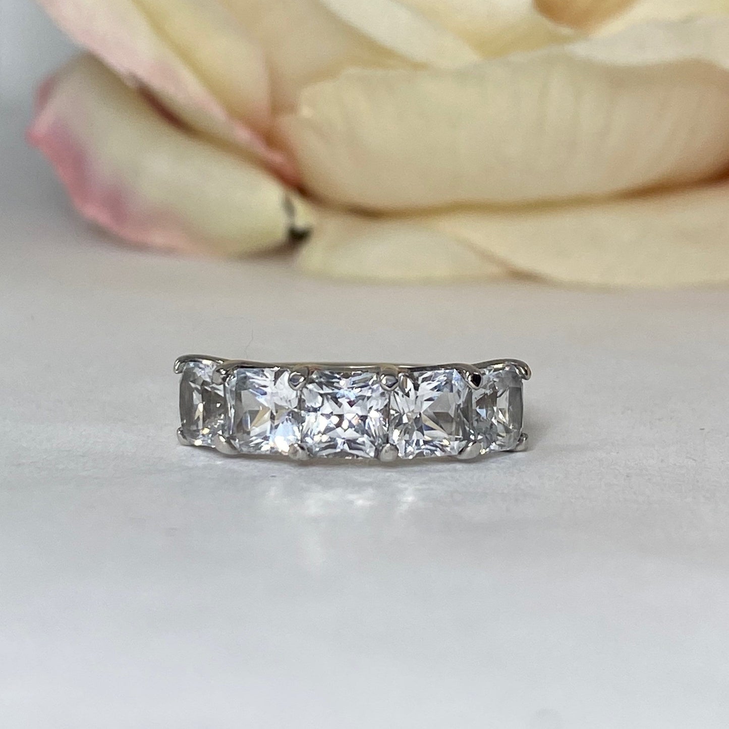 Moissanite Wedding Band For Women , #6043 14k Solid Gold Radiant Cut Moissanite Engagement Ring , Moissanite Anniversary Band 5 Stone Ring