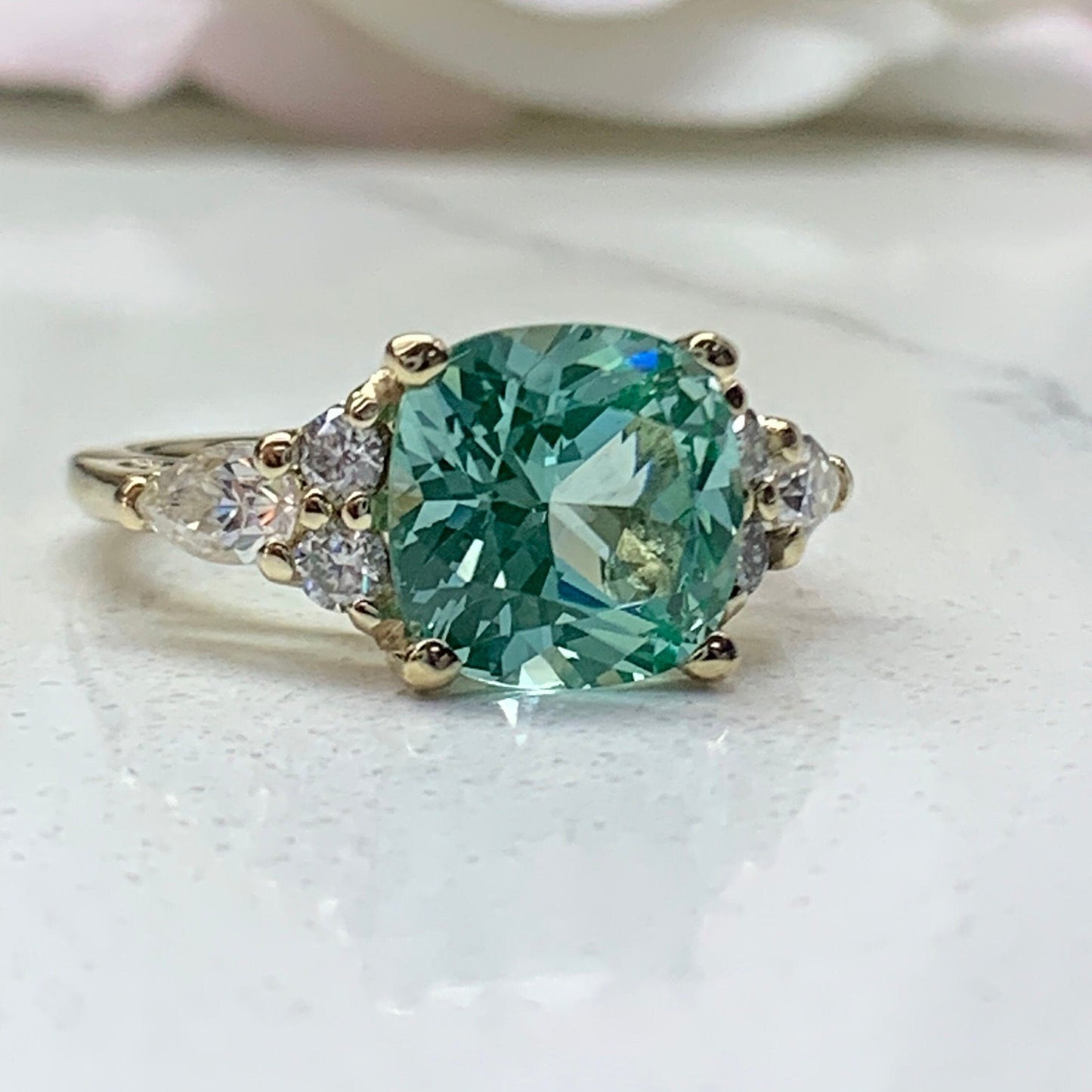 Cushion Cut Engagement Ring For Women 14K Yellow Gold, Green Paraiba Tourmaline Engagement Rings, Unique Vintage Three Stone Rings, #7188