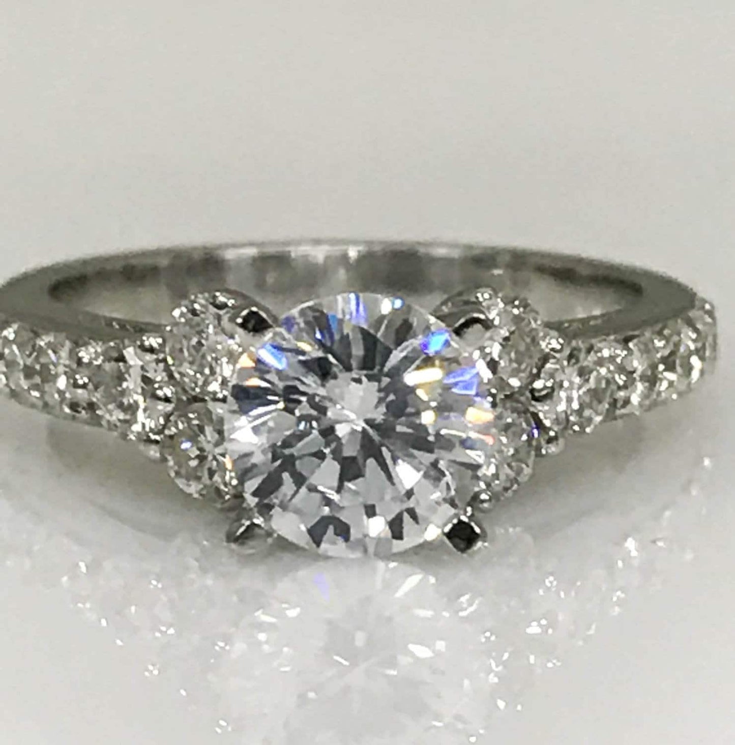 Moissanite Engagement Ring, Round Brilliant Moissanite Engagement Ring With Round Side Accents Engagement Ring, Solitaire Moissanite Ring