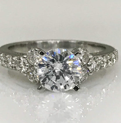 Moissanite Engagement Ring, Round Brilliant Moissanite Engagement Ring With Round Side Accents Engagement Ring, Solitaire Moissanite Ring