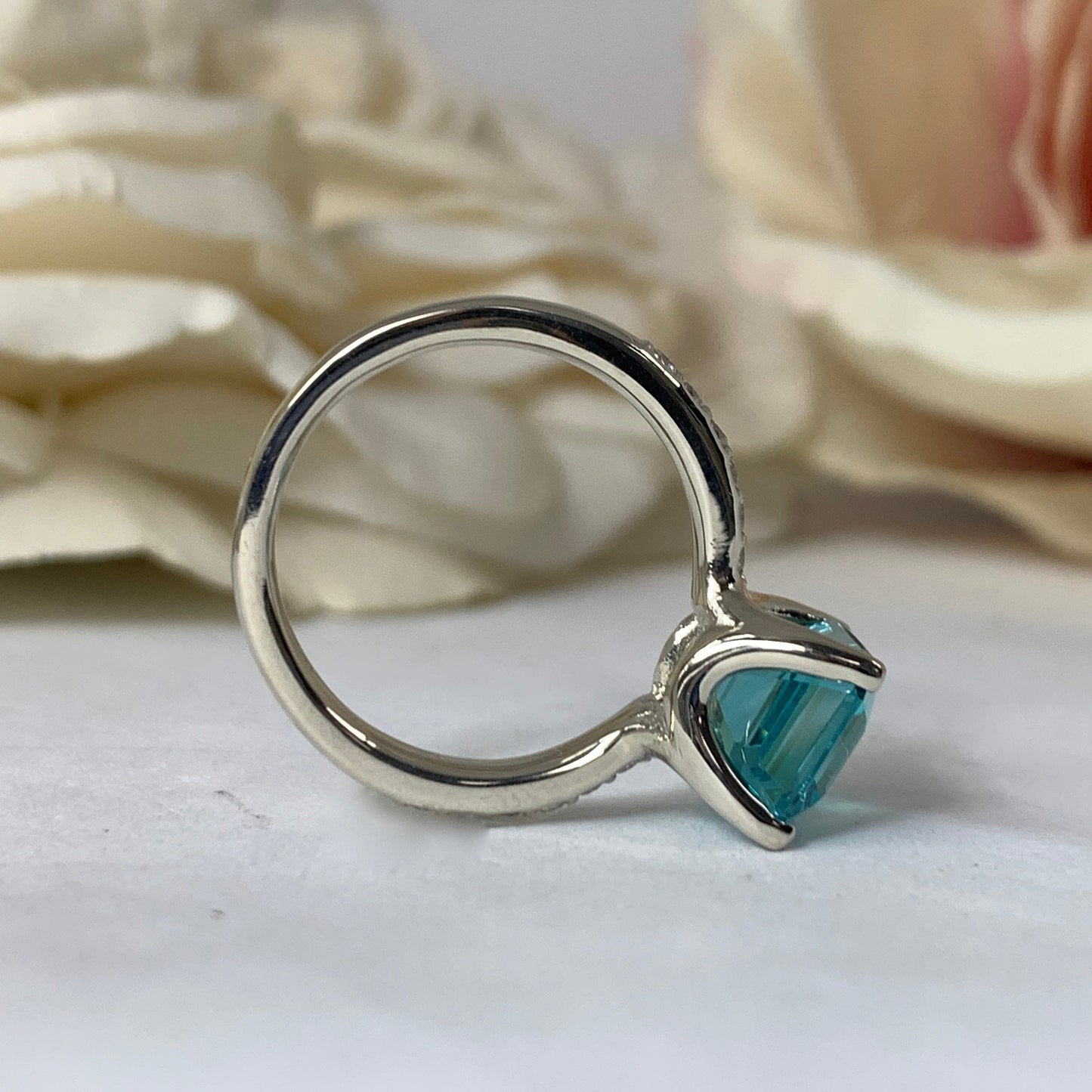 Emerald Cut Engagement Ring / Neon Blue Paraiba Wedding Ring / Paraiba and Moissanite Ring / 14k White Gold / #6268