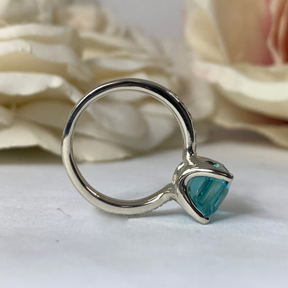 Emerald Cut Engagement Ring / Neon Blue Paraiba Wedding Ring / Paraiba and Moissanite Ring / 14k White Gold / #6268