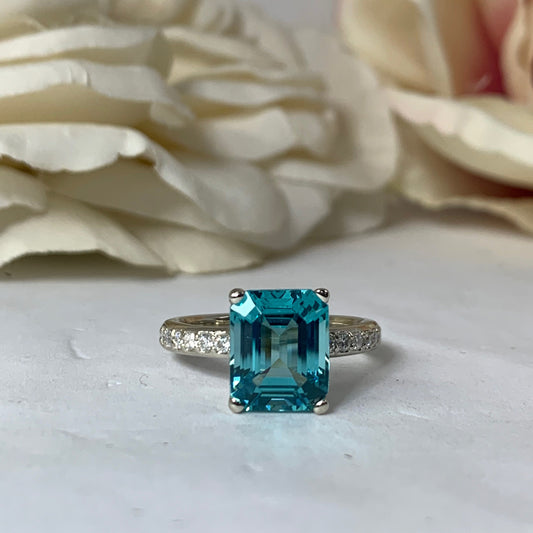 Emerald Cut Engagement Ring / Neon Blue Paraiba Wedding Ring / Paraiba and Moissanite Ring / 14k White Gold / #6268