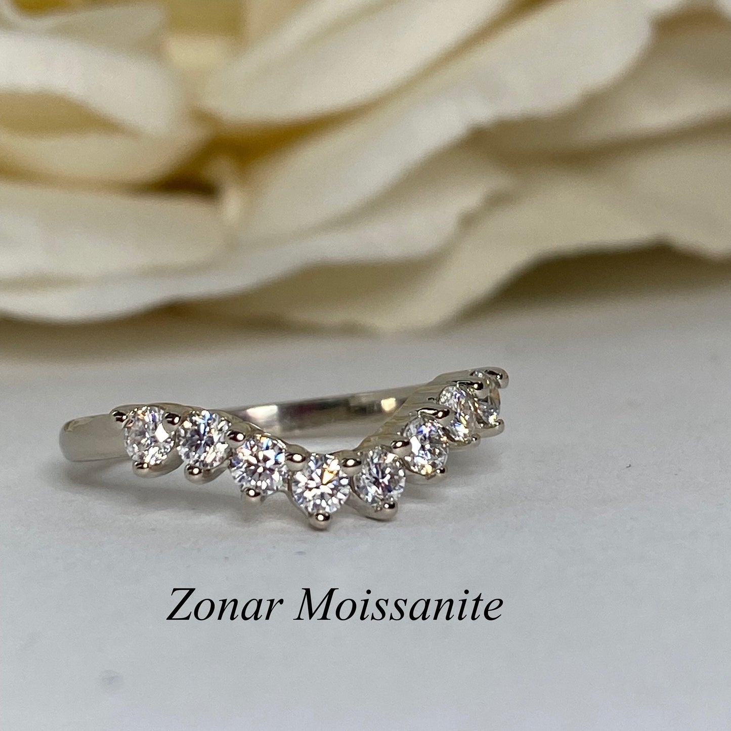 Curved Diamond Wedding Band, Universal Matching Moissanite Band For Ladies, Ladies 14k White Gold Delicate Diamond Curved Wedding Ring