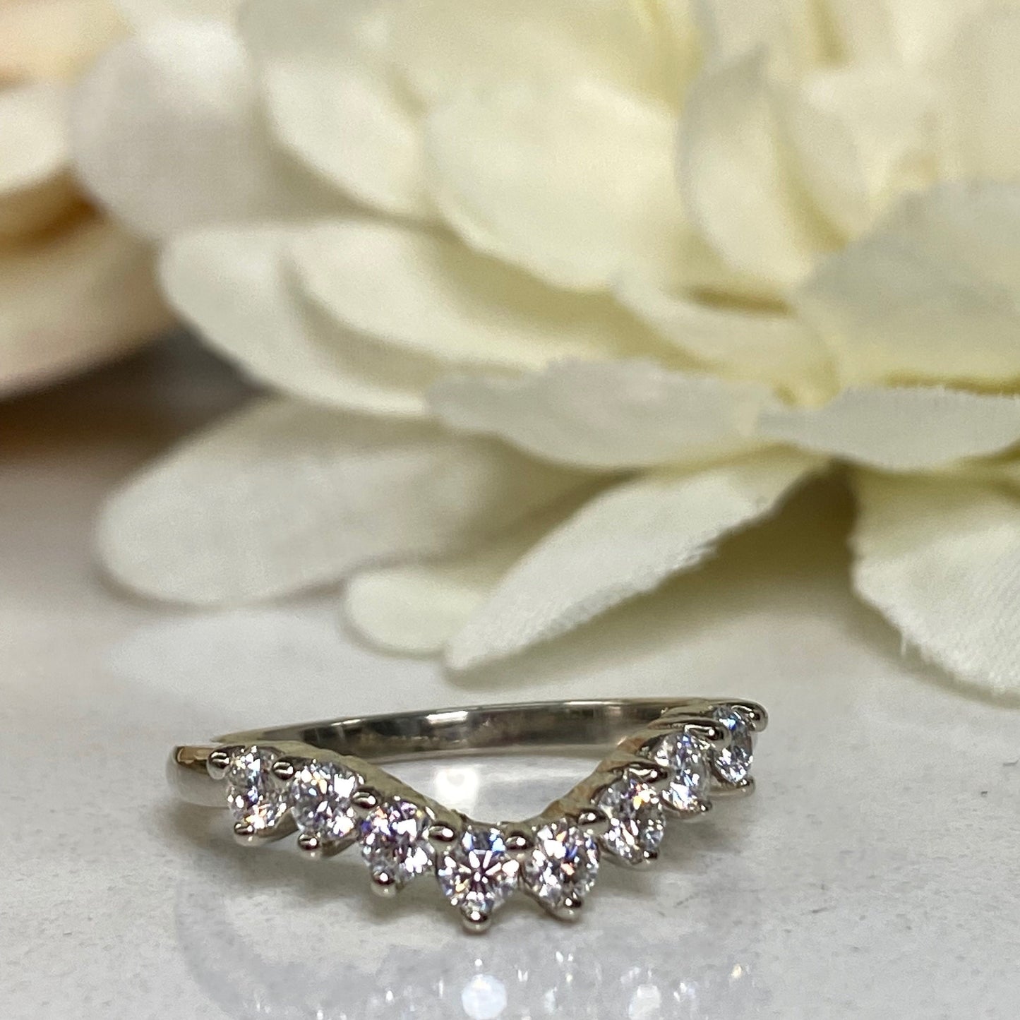 Curved Diamond Wedding Band, Universal Matching Moissanite Band For Ladies, Ladies 14k White Gold Delicate Diamond Curved Wedding Ring