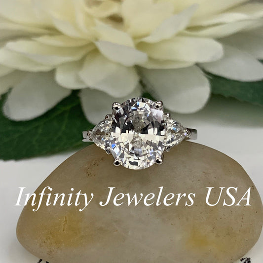 Moissanite Oval Engagement Ring With Trillion Accents, 5.00ctw, 14K White Gold Wedding Ring #5502 #6959 #6960
