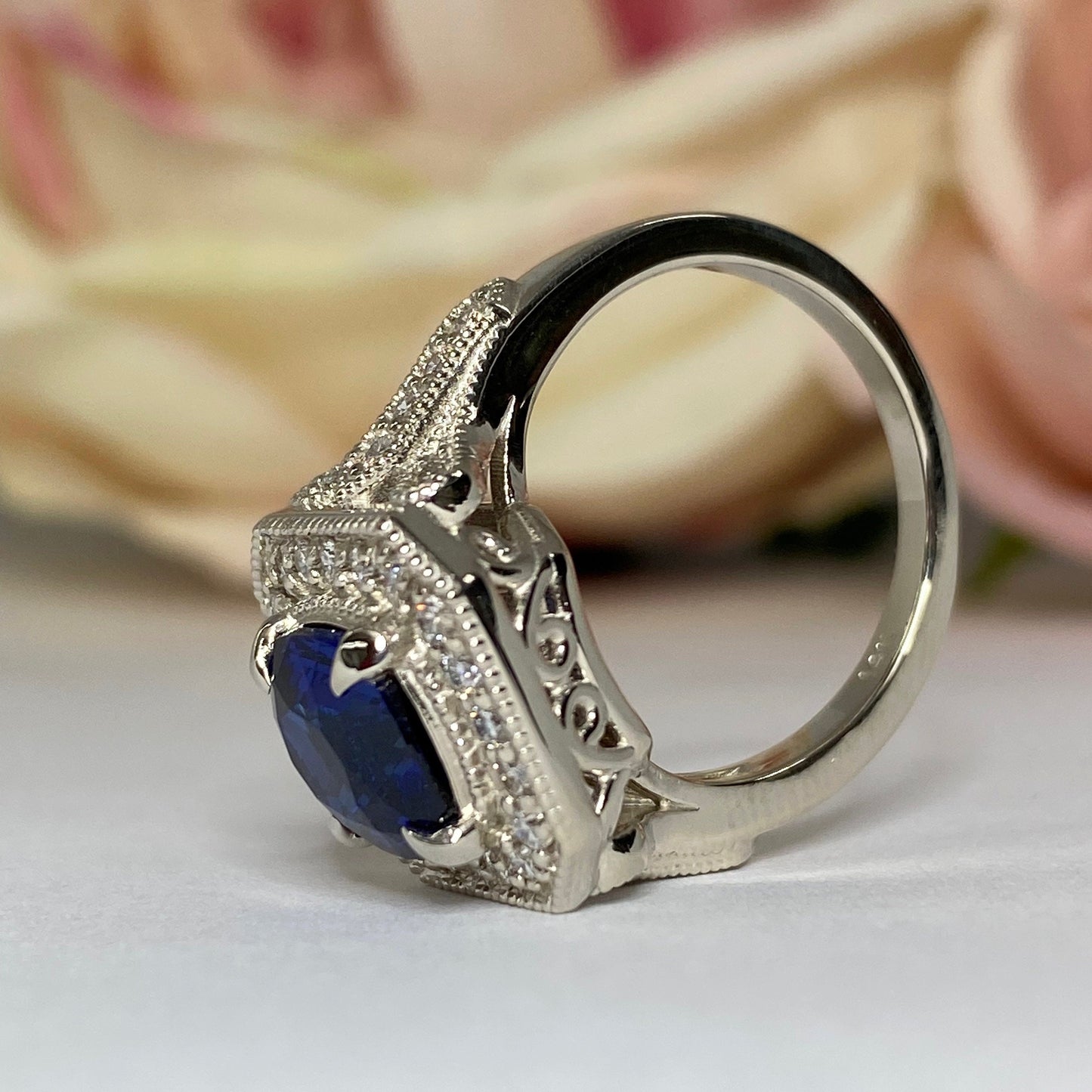 Cushion Cut Blue Sapphire Engagement Ring Women 14K White Gold, Vintage Unique Moissanite Engagement Rings, Edwardian Moissanite Ring  #7182