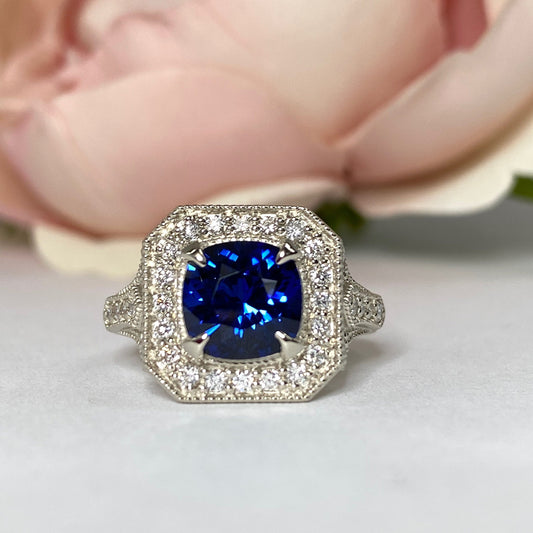 Cushion Cut Blue Sapphire Engagement Ring Women 14K White Gold, Vintage Unique Moissanite Engagement Rings, Edwardian Moissanite Ring  #7182