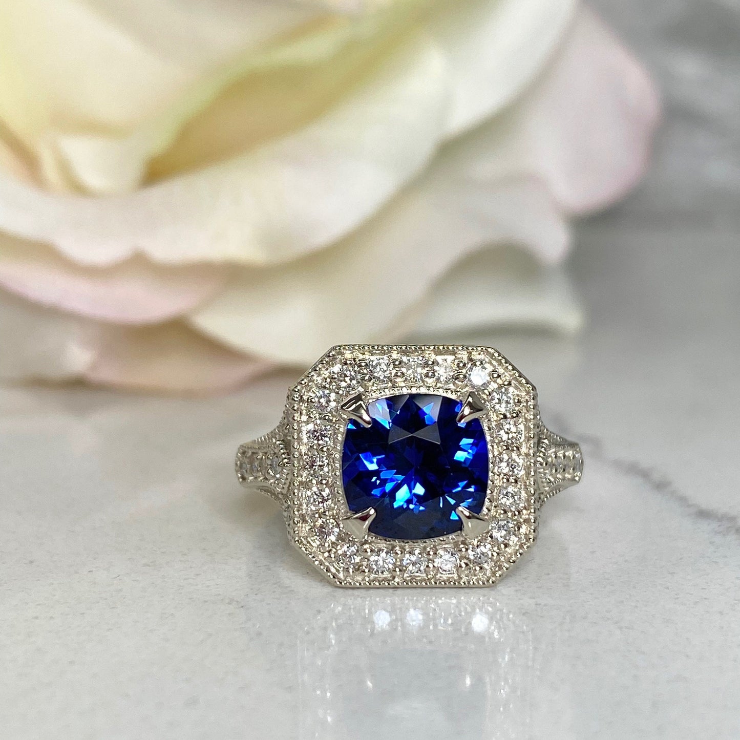 Cushion Cut Blue Sapphire Engagement Ring Women 14K White Gold, Vintage Unique Moissanite Engagement Rings, Edwardian Moissanite Ring  #7182