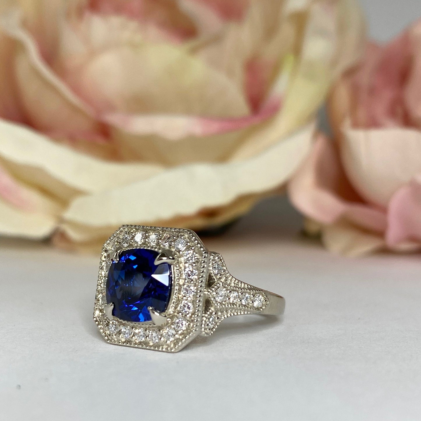 Cushion Cut Blue Sapphire Engagement Ring Women 14K White Gold, Vintage Unique Moissanite Engagement Rings, Edwardian Moissanite Ring  #7182