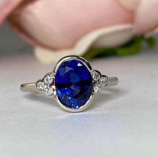 Oval  blue sapphire with round diamond accents engagement ring, 2.20ctw, 14k white gold #6069